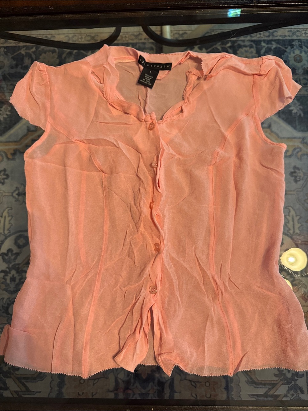 Vintage Sears apostrophe Women's Peach Button-Front Short-Sleeve Silk Blouse